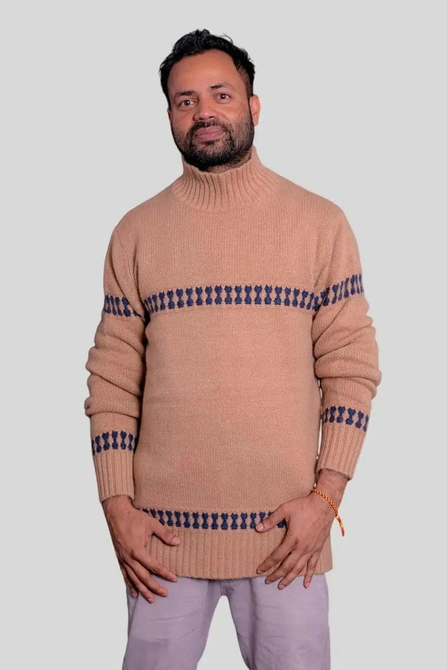 Luxurious Cashmere Mock Neck Pullover with Blue and White Geometric Patterns