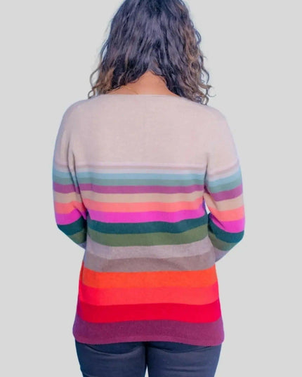 Luxurious Cashmere Multicolor Pullover featuring a woman wearing a colorful striped sweater