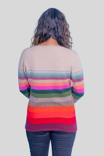 Luxurious Cashmere Multicolor Pullover featuring a woman wearing a colorful striped sweater