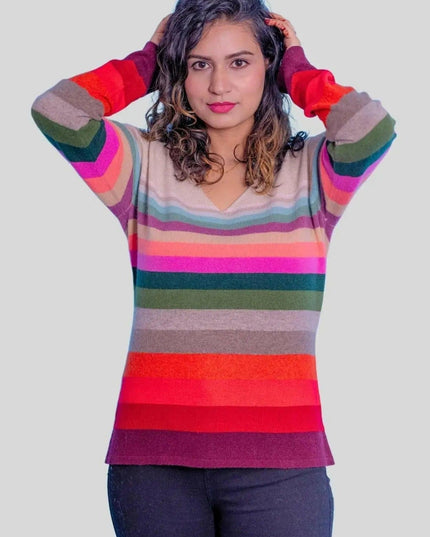 Luxurious Cashmere Multicolor Pullover featuring a woman in a colorful sweater