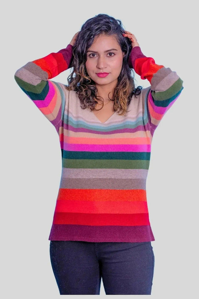 Luxurious Cashmere Multicolor Pullover featuring a woman in a colorful sweater