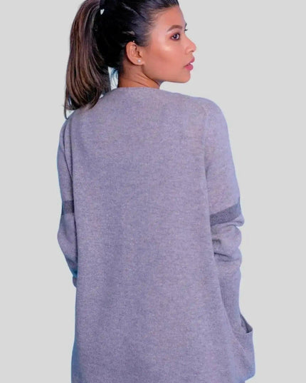 Grey cashmere open long cardigan worn by woman with ponytail