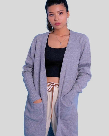 Luxurious Cashmere Open Long Cardigan featuring a woman in grey sweater