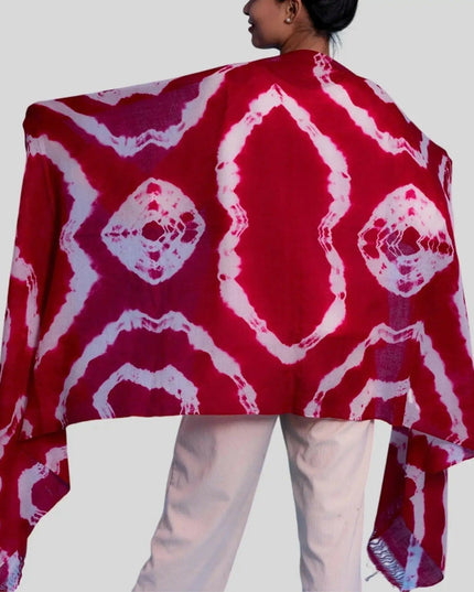 Luxurious Cashmere Digital Printed Shawl in Red and White Tie Dye Pattern