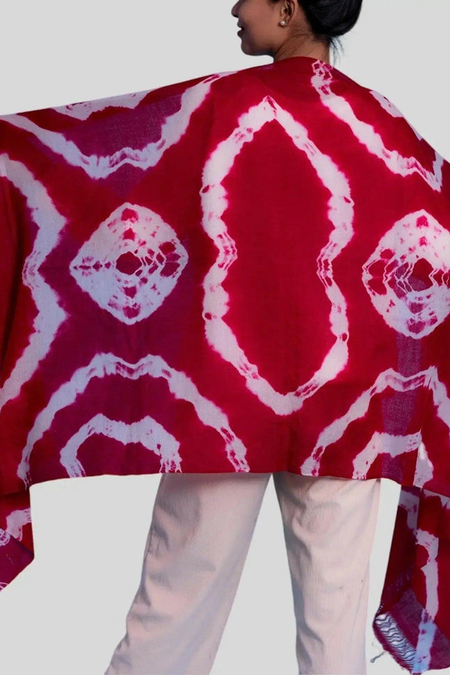 Luxurious Cashmere Digital Printed Shawl in Red and White Tie Dye Pattern