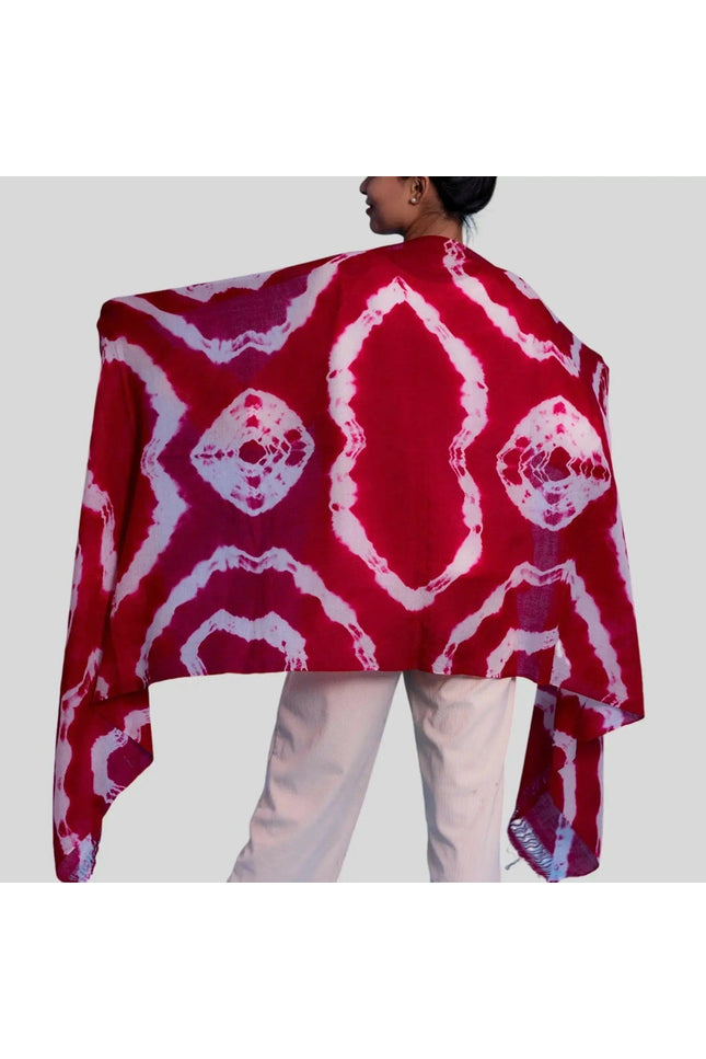 Luxurious Cashmere Digital Printed Shawl in Red and White Tie Dye Pattern