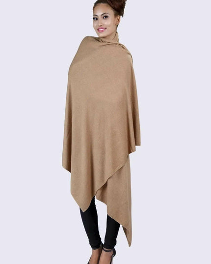 Luxurious Cashmere Shawl in Tan Poncho Style worn by woman in black leggings