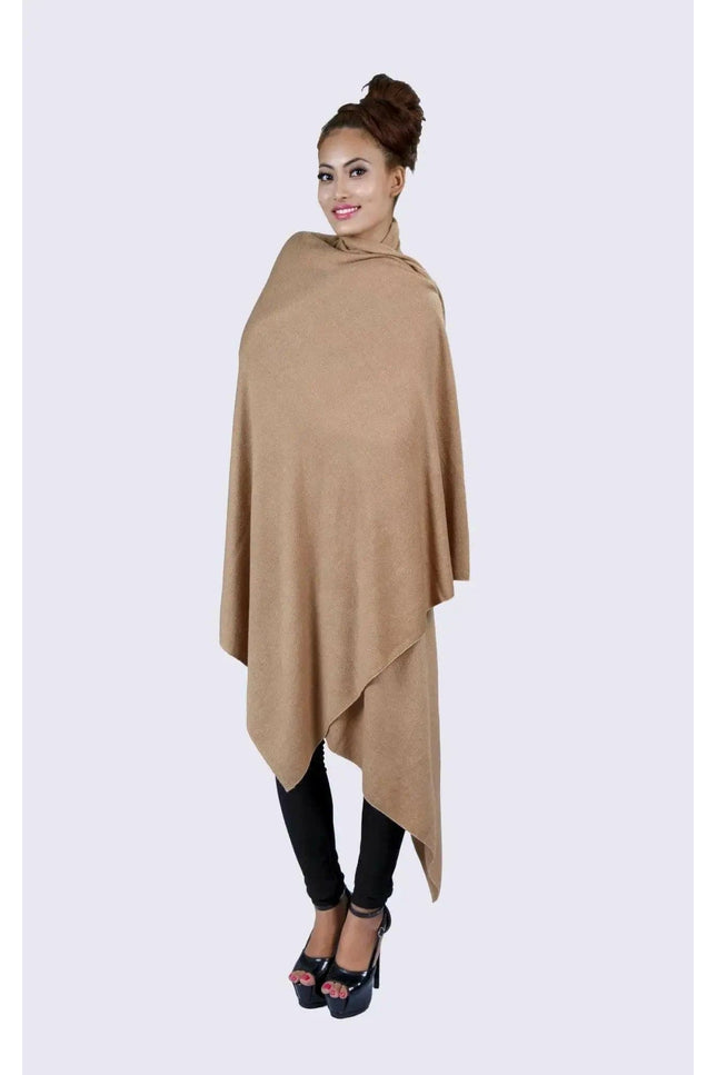 Luxurious Cashmere Shawl in Tan Poncho Style worn by woman in black leggings