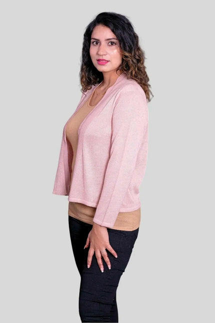 Luxurious Cashmere Short Cardigan - Woman in Pink Sweater and Black Jeans