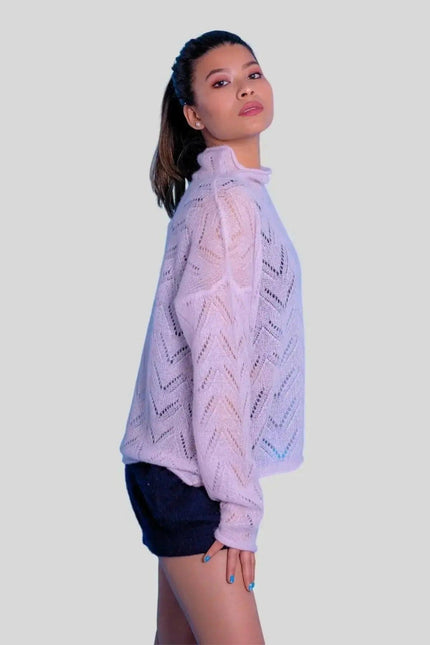 Woman in white sweater and shorts from Luxurious Cashmere Silk Pointelle Pullover