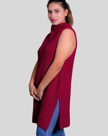 Woman in red cashmere turtle neck vest, Luxurious Cashmere Turtle Neck Dress