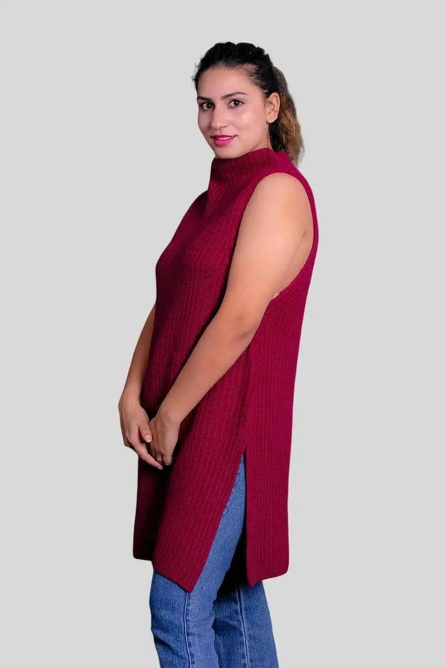 Woman in red cashmere turtle neck vest, Luxurious Cashmere Turtle Neck Dress