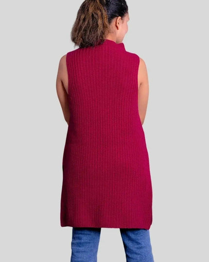 Woman in red sweater vest, Luxurious Cashmere Turtle Neck Dress
