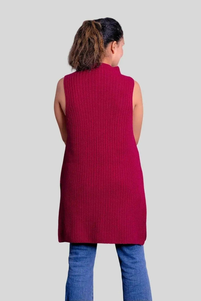 Woman in red sweater vest, Luxurious Cashmere Turtle Neck Dress