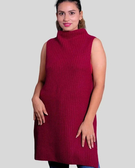 Luxurious cashmere turtle neck dress in red worn by a woman
