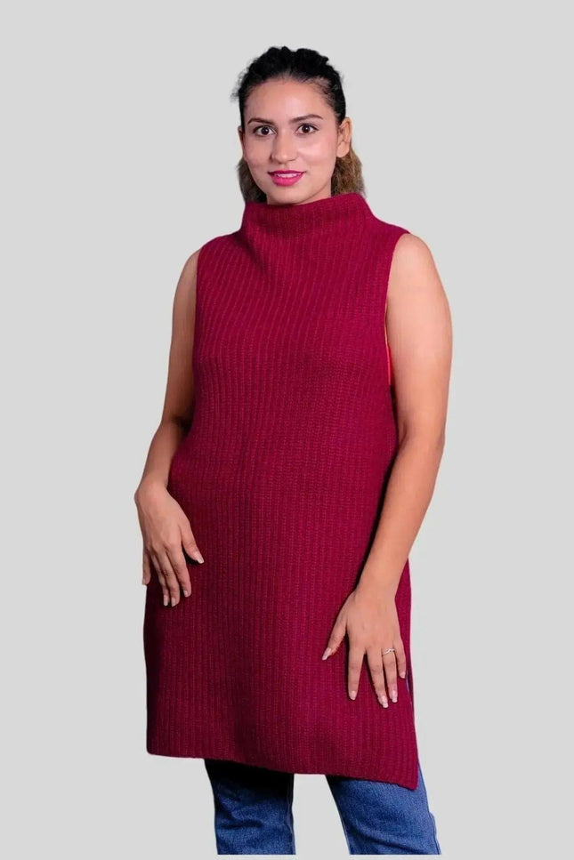 Luxurious cashmere turtle neck dress in red worn by a woman
