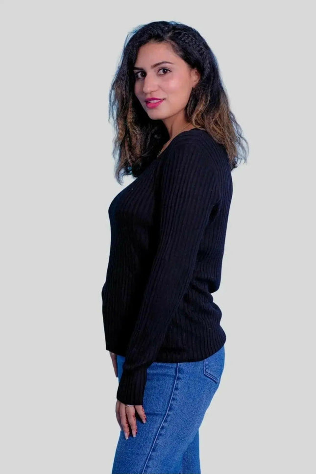 Stylish woman in black sweater and jeans - Luxurious Cashmere V Neck Pullover