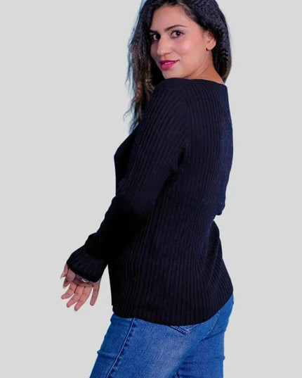 Luxurious cashmere v neck sweater - woman in jeans and black sweater