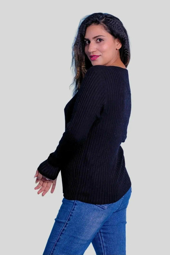 Luxurious cashmere v neck sweater - woman in jeans and black sweater