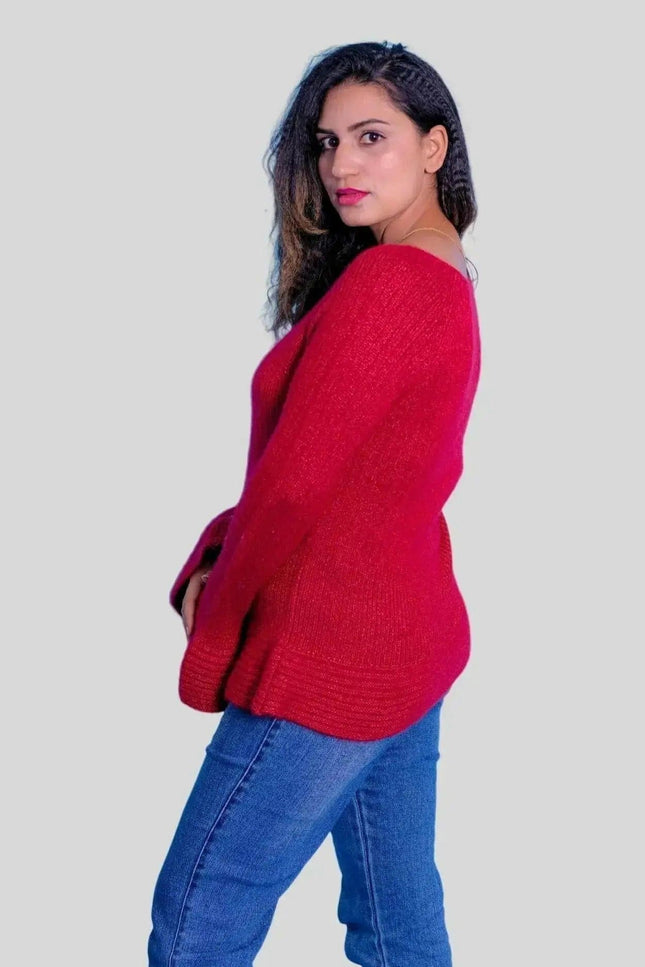 Luxurious Cashmere Wider Cuff Pullover - Woman in Red Sweater and Jeans