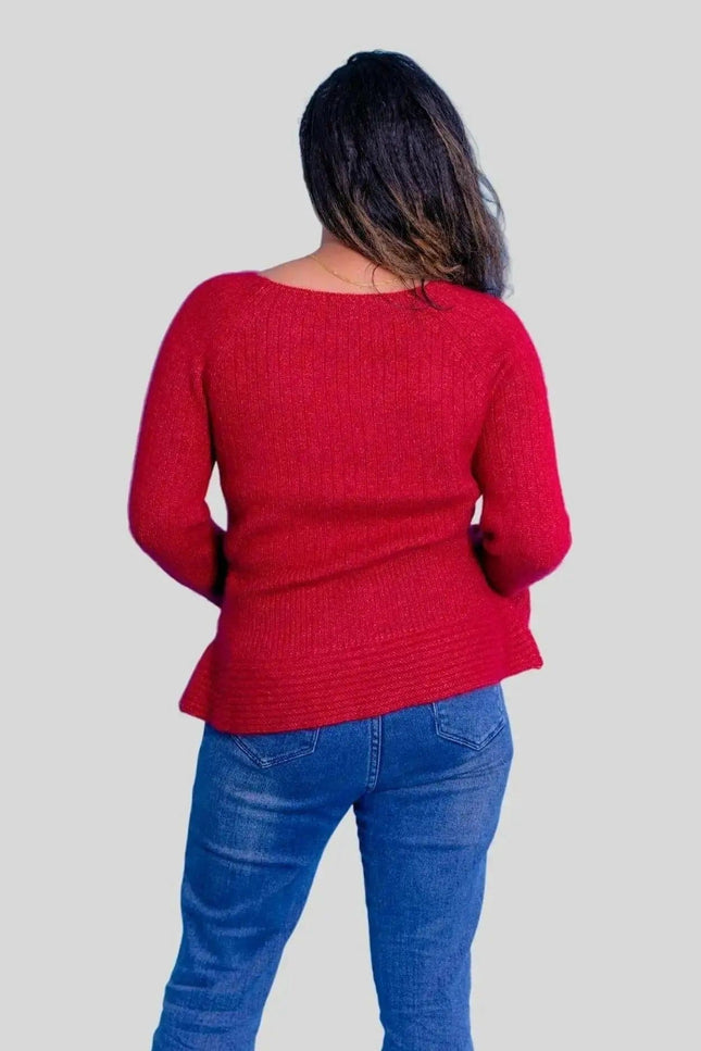 Luxurious Cashmere Wider Cuff Pullover - Woman in red sweater and jeans