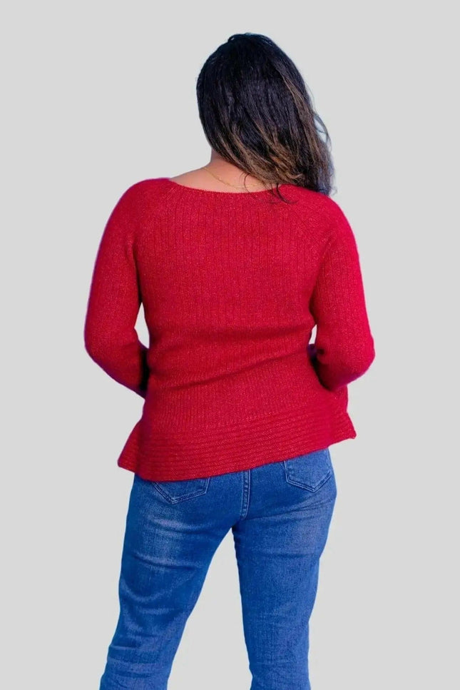 Luxurious Cashmere Wider Cuff Pullover - Woman in red sweater and jeans