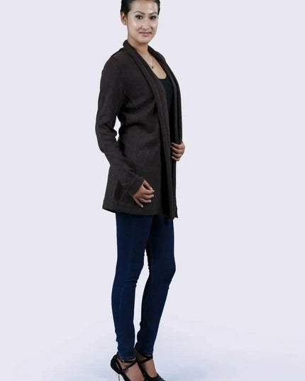 Woman wearing Luxurious Dark Brown Cashmere Cardigan against white background