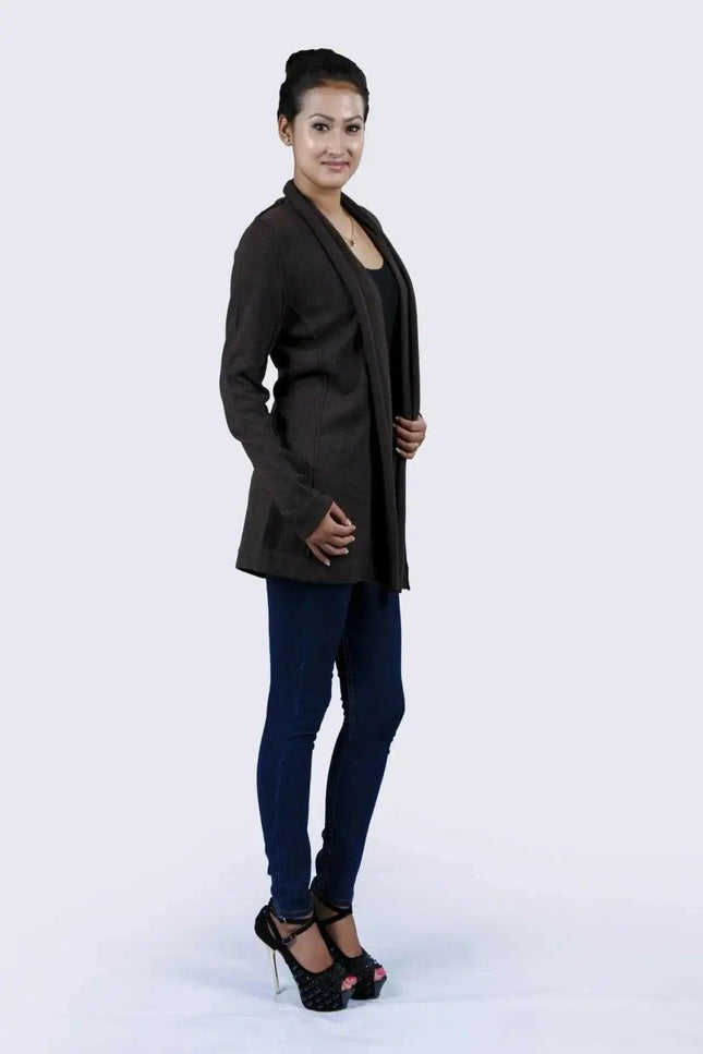 Woman wearing Luxurious Dark Brown Cashmere Cardigan against white background