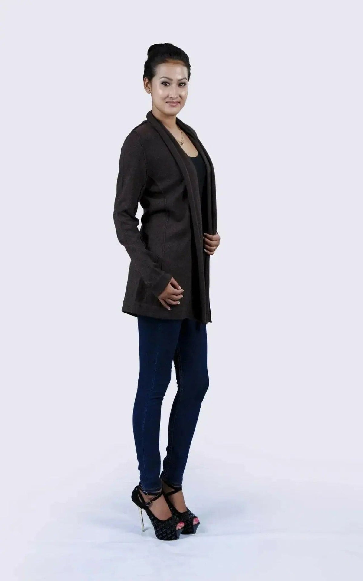 Woman wearing Luxurious Dark Brown Cashmere Cardigan against white background