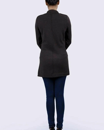Woman in black jacket and jeans wearing Luxurious Dark Brown Cashmere Cardigan | Italian Cashmere