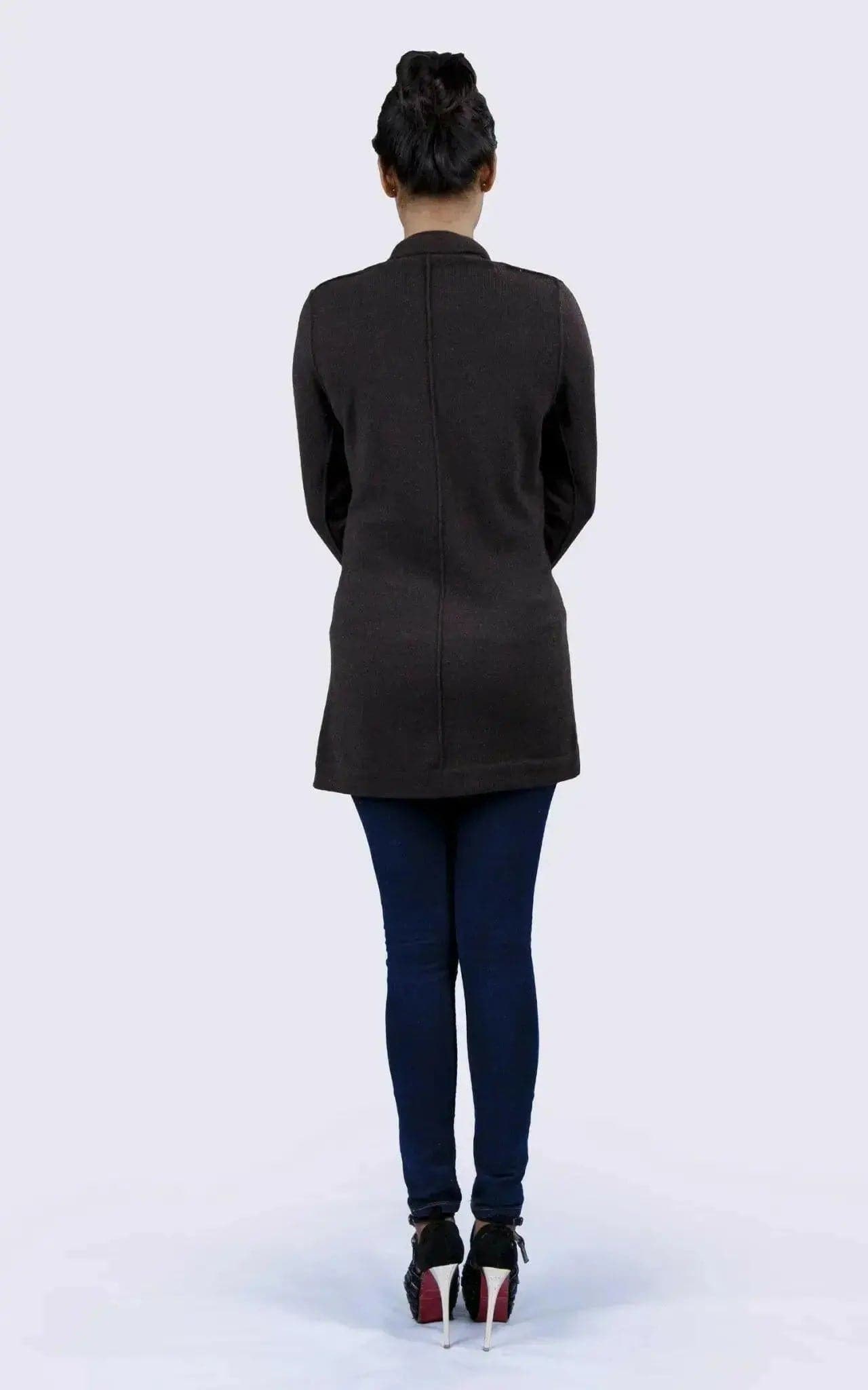 Woman in black jacket and jeans wearing Luxurious Dark Brown Cashmere Cardigan | Italian Cashmere