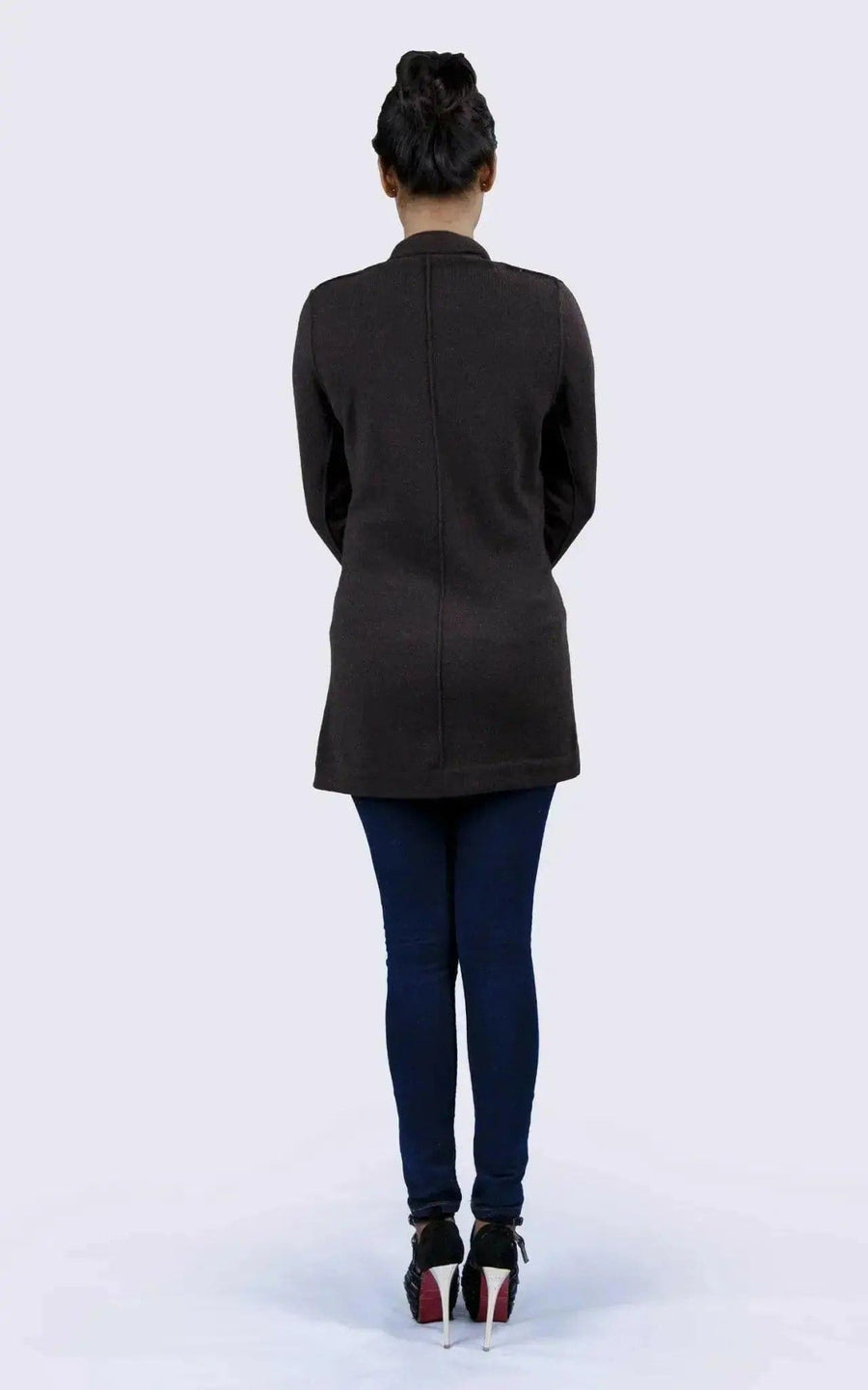Woman in black jacket and jeans wearing Luxurious Dark Brown Cashmere Cardigan | Italian Cashmere