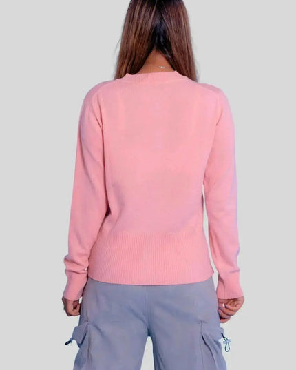 Luxurious Italian Cashmere Button Cardigan on Woman in Pink Sweater and Cargo Pants