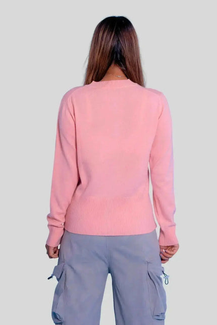 Luxurious Italian Cashmere Button Cardigan on Woman in Pink Sweater and Cargo Pants