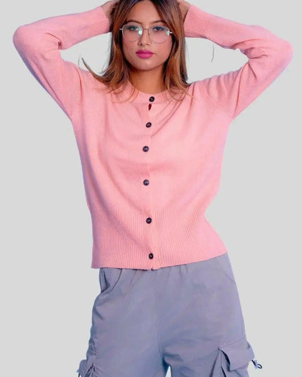 Luxurious Italian Cashmere Button Cardigan featuring a woman in pink sweater and grey pants