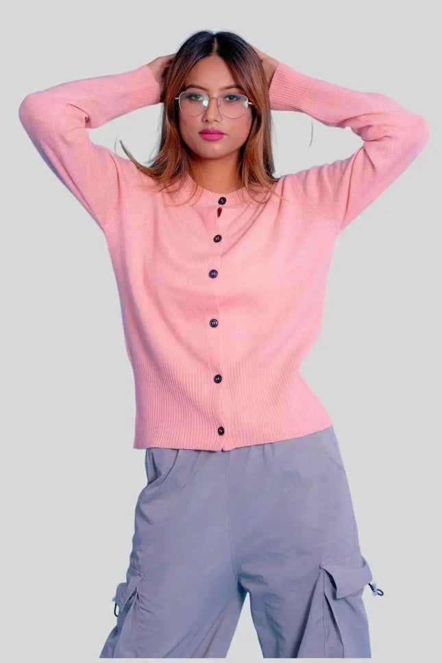 Luxurious Italian Cashmere Button Cardigan featuring a woman in pink sweater and grey pants