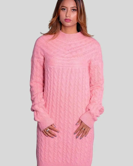 Woman in pink cashmere cable dress from Luxurious Italian Cashmere Cable Dress product