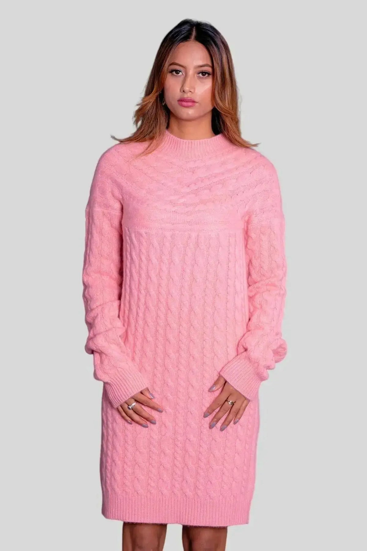Woman in pink cashmere cable dress from Luxurious Italian Cashmere Cable Dress product