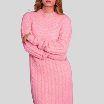 Woman in pink cashmere cable dress