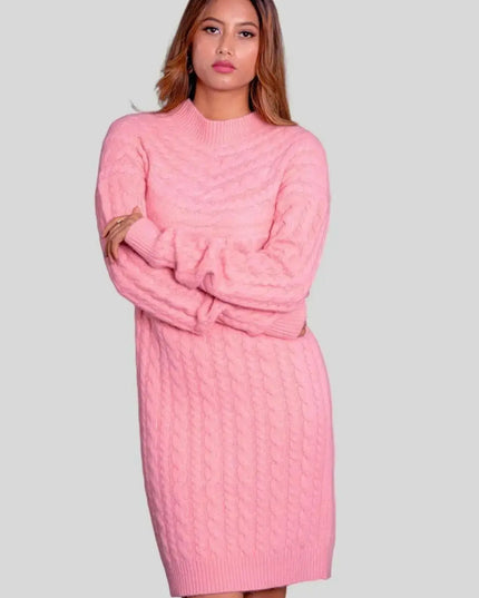 Woman in pink cashmere cable dress