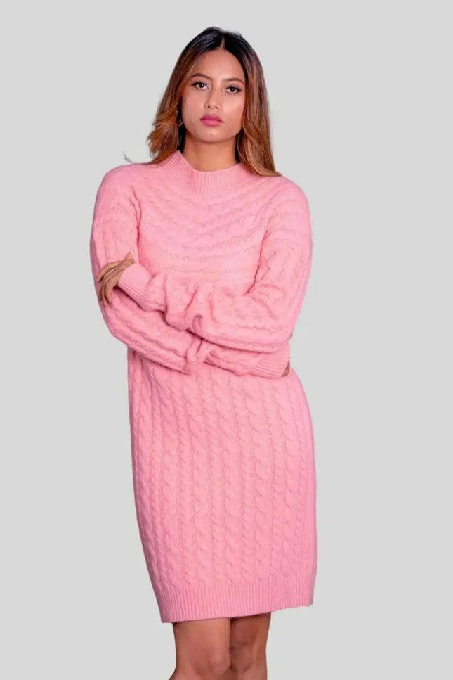 Woman in pink cashmere cable dress