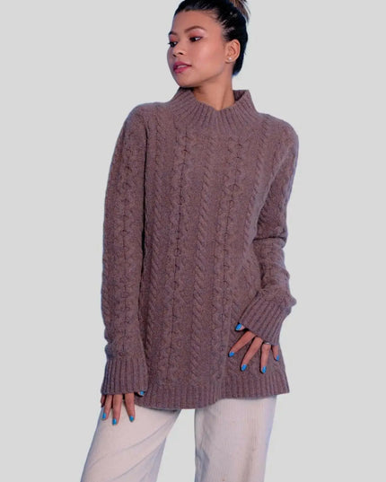 Woman wearing brown cashmere cable pullover sweater - Luxurious Italian Cashmere Cable Pullover