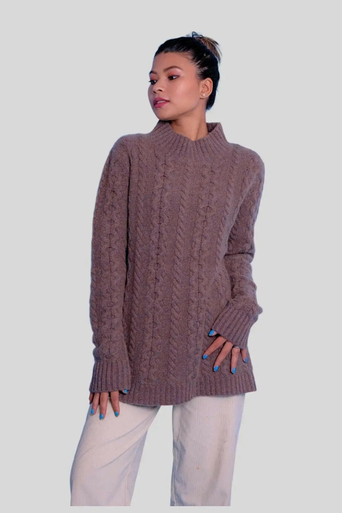 Woman wearing brown cashmere cable pullover sweater - Luxurious Italian Cashmere Cable Pullover