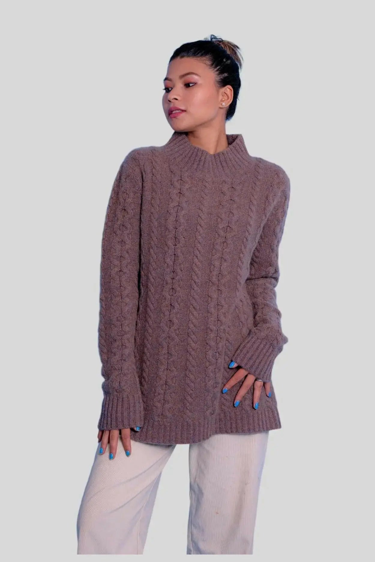 Woman wearing brown cashmere cable pullover sweater - Luxurious Italian Cashmere Cable Pullover