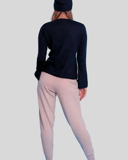 Luxurious Italian Cashmere Cable Trouser - Woman in Black Sweater and Beige Pants