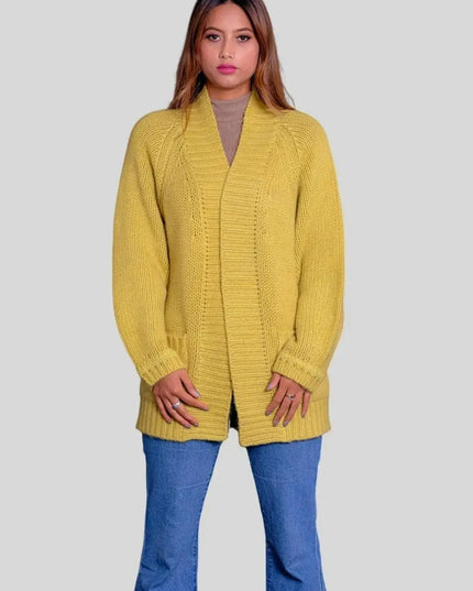 Woman in yellow cardigan sweater - Luxurious Italian Cashmere Cardigan