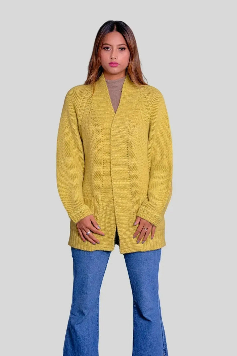 Woman in yellow cardigan sweater - Luxurious Italian Cashmere Cardigan