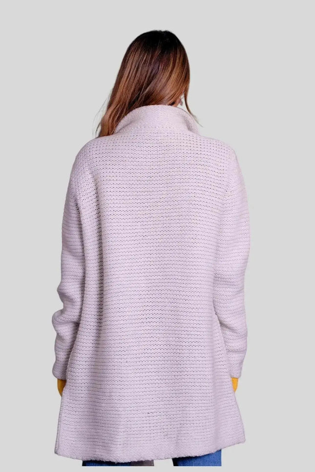 Luxurious Italian Cashmere Cardigan - Woman in Purple Sweater and Jeans