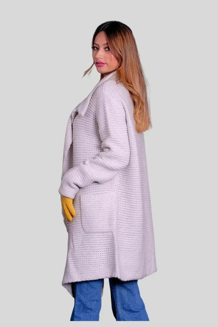 Luxurious Italian Cashmere Cardigan - Woman in Purple Sweater and Jeans