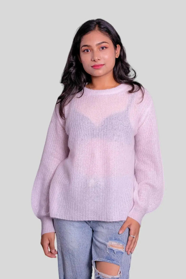 Luxurious Italian Cashmere Crew Neck Pullover on Woman in Pink Sweater and Ripped Jeans